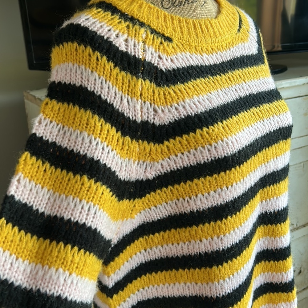 Lovers + Friends black gold pink stripe crew neck open knit sweater - Picture 4 of 16